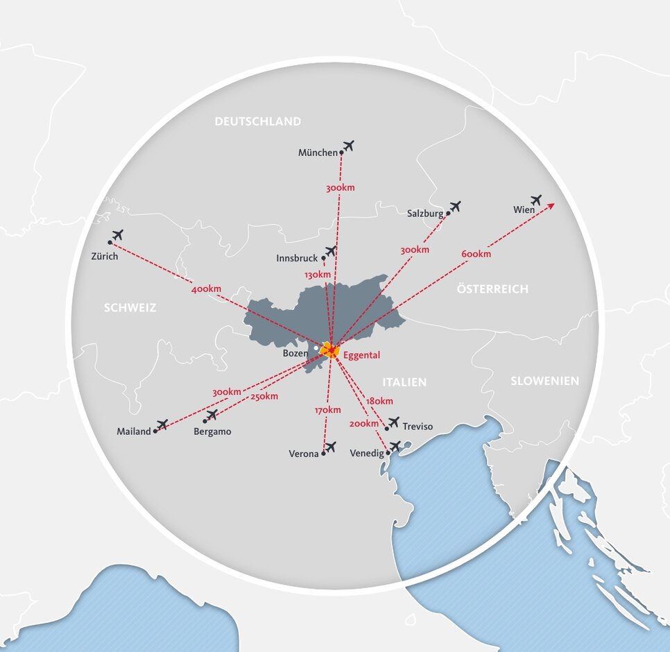 Map arrival by plane/distance airports to Eggental | © Eggental Tourismus Gen.